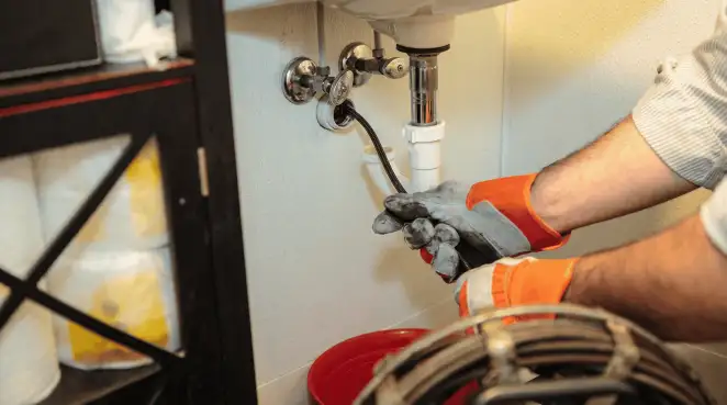 Drain cleaning technician using a motorized plumbing snake to clear a clogged sink pipe in Stockton, CA